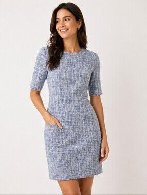 Trina Turk Paradiso Blue White Textured Shift Dress Elbow Sleeve Size 10